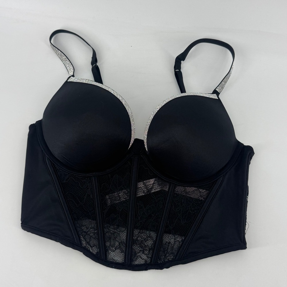 Victorias Secret Bombshell Push Up Corset Top Black Lace Rhinestone 34B 0599